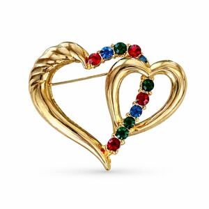 Vintage Gold Tone‎ Double Heart Brooch Multi Color Rhinestone Interlocking Pin